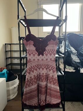 Free People Burgundy and White Patterned Mini Dress